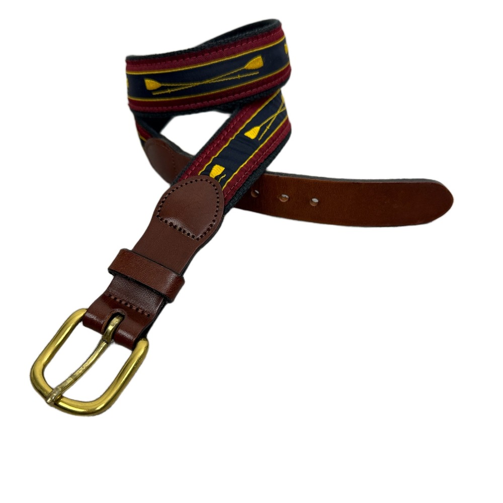 Leatherman Ltd Belt Mens 32 Blue Burgundy Oars Silk Leather Trim Brass Buckle